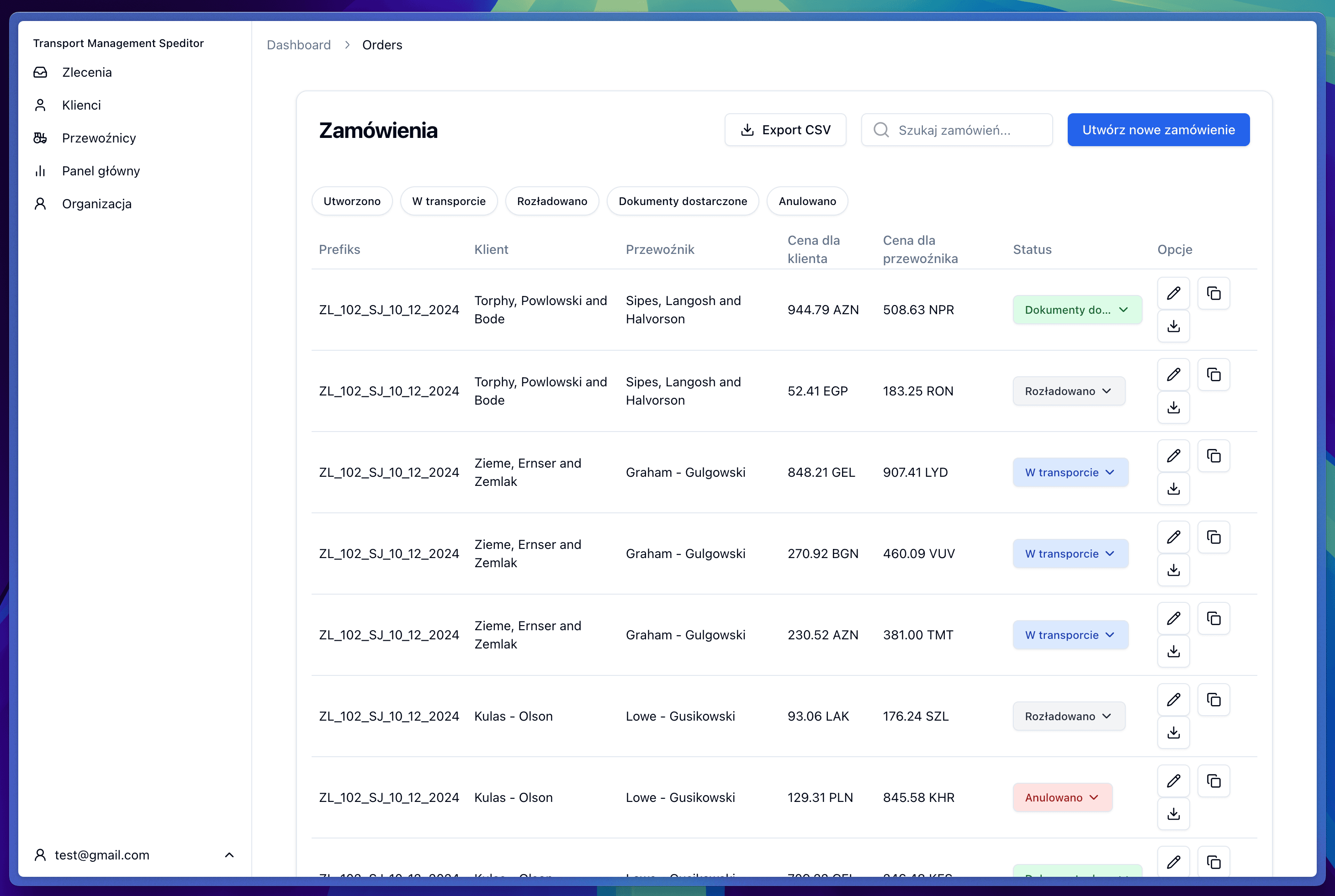 TMSped Dashboard - Order List